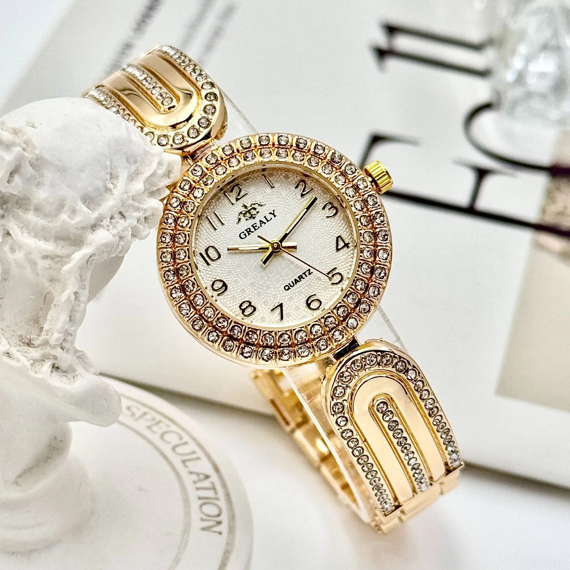 Gold Diamond-Encrusted Women's Watch with Green Dial — feature 8