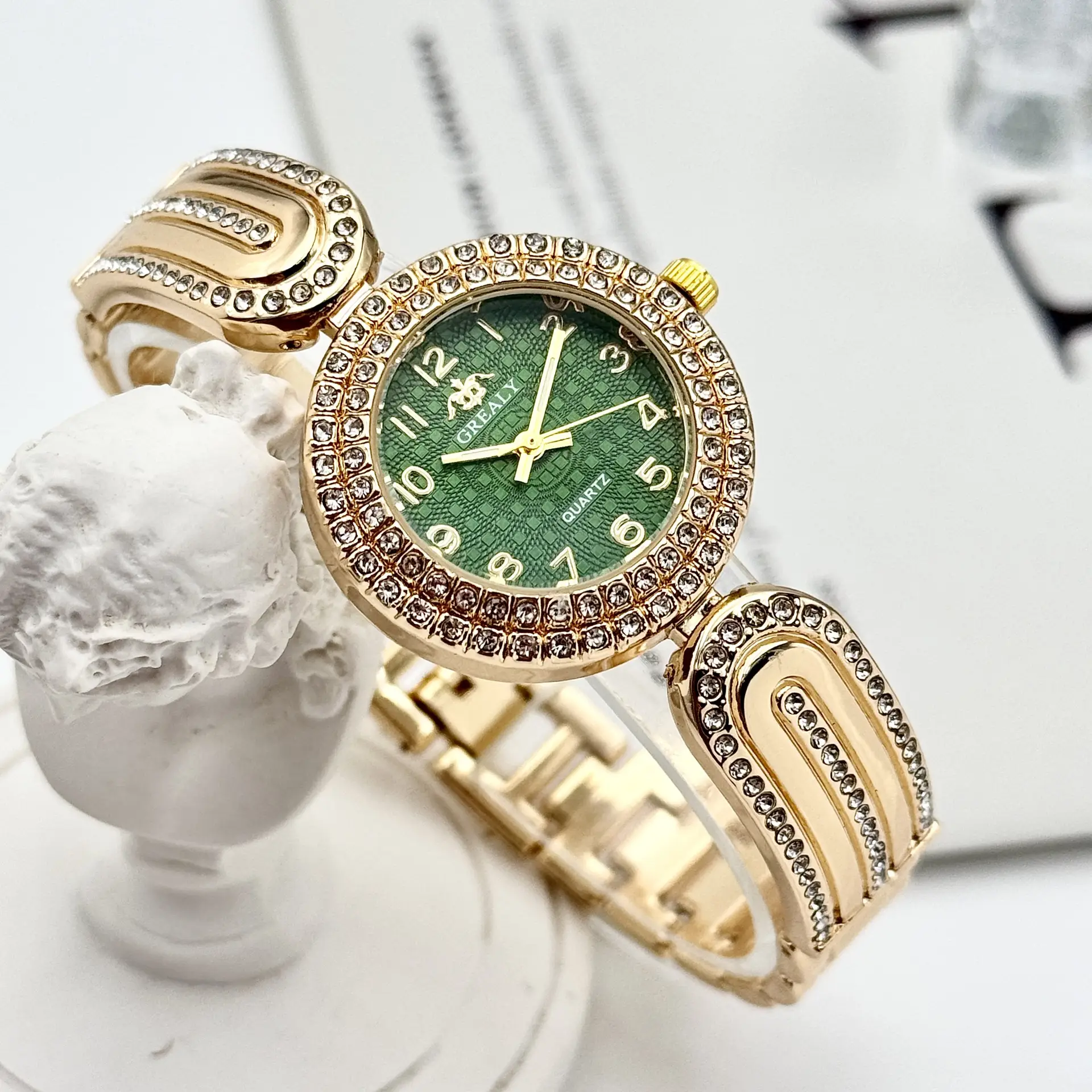 Gold Diamond-Encrusted Women's Watch with Green Dial