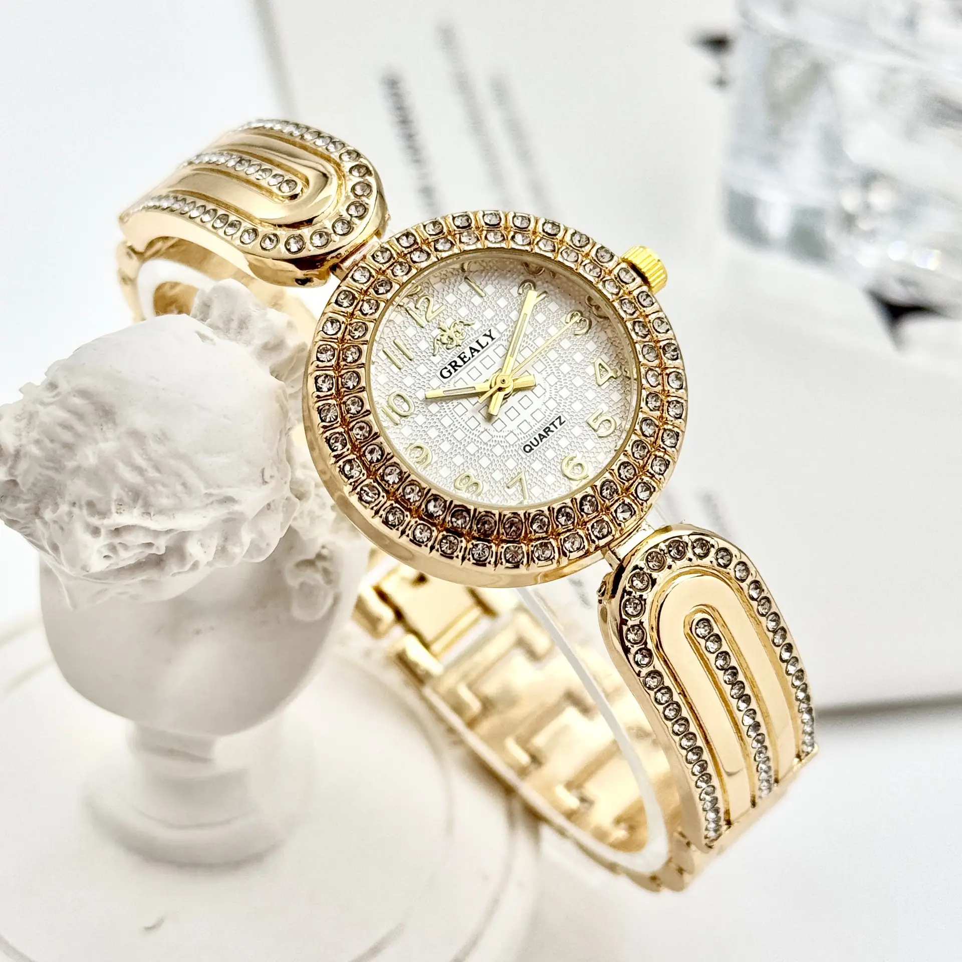 Gold Diamond-Encrusted Women's Watch with Green Dial