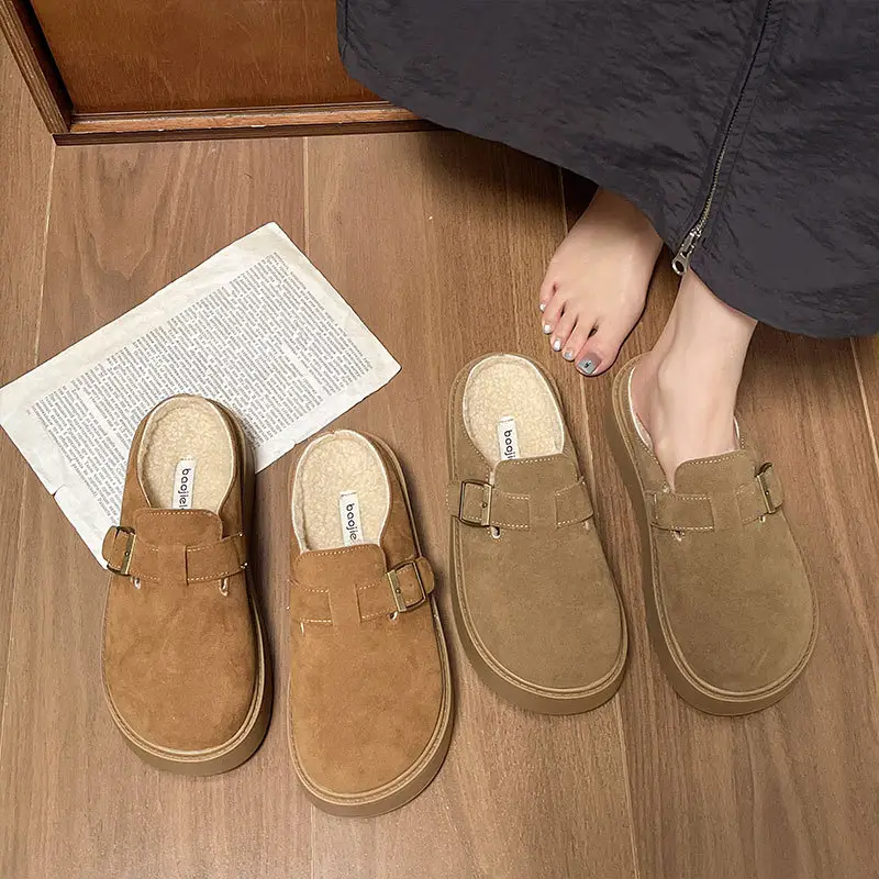 Thick-Soled Retro Shoes for Women 2024 Autumn and Winter New Style Furry Slippers for Women to Wear Outside, Cotton Slippers with Velvet and Closed-Toe Half Slippers - Image 5