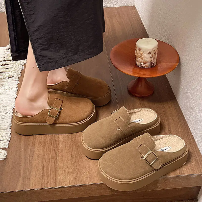 Thick-Soled Retro Shoes for Women 2024 Autumn and Winter New Style Furry Slippers for Women to Wear Outside, Cotton Slippers with Velvet and Closed-Toe Half Slippers - Image 6