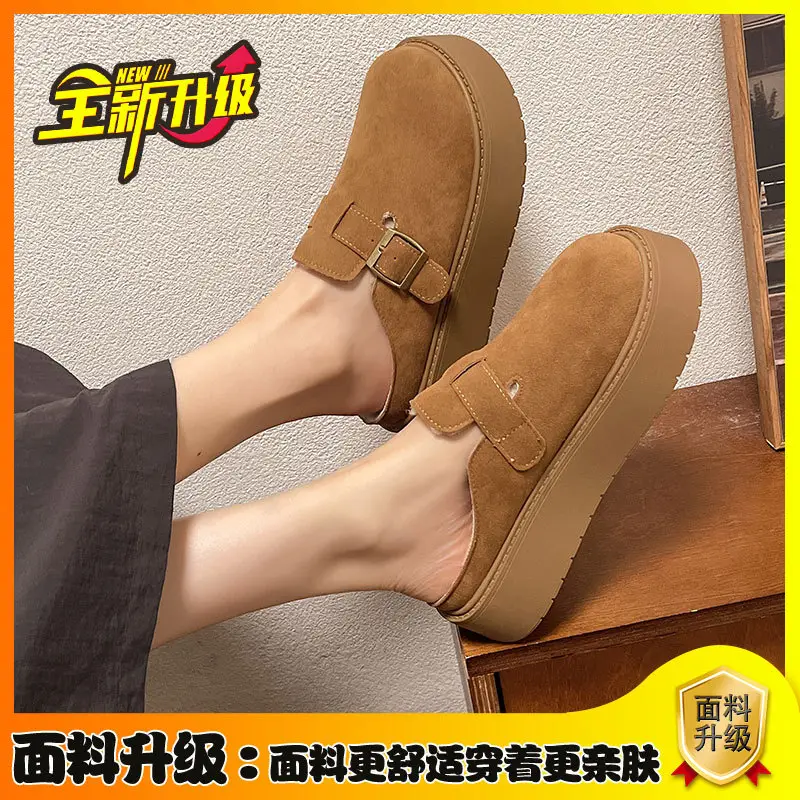 Thick-Soled Retro Shoes for Women 2024 Autumn and Winter New Style Furry Slippers for Women to Wear Outside, Cotton Slippers with Velvet and Closed-Toe Half Slippers - Image 2