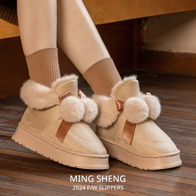 Women's Fleece Bow Winter Slippers Warm Brown - Image 5