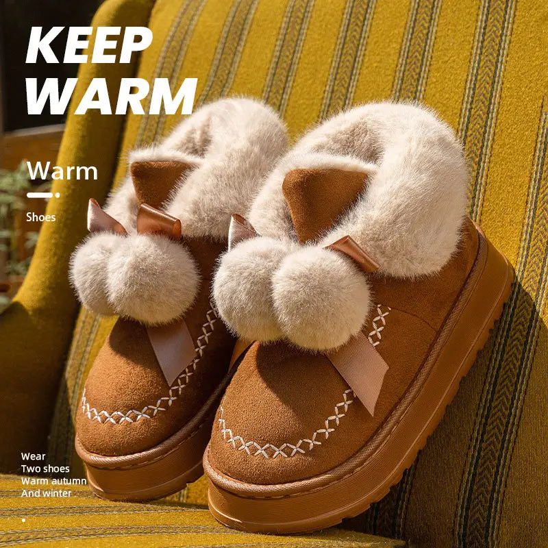 Women's Fleece Bow Winter Slippers Warm Brown - Image 6