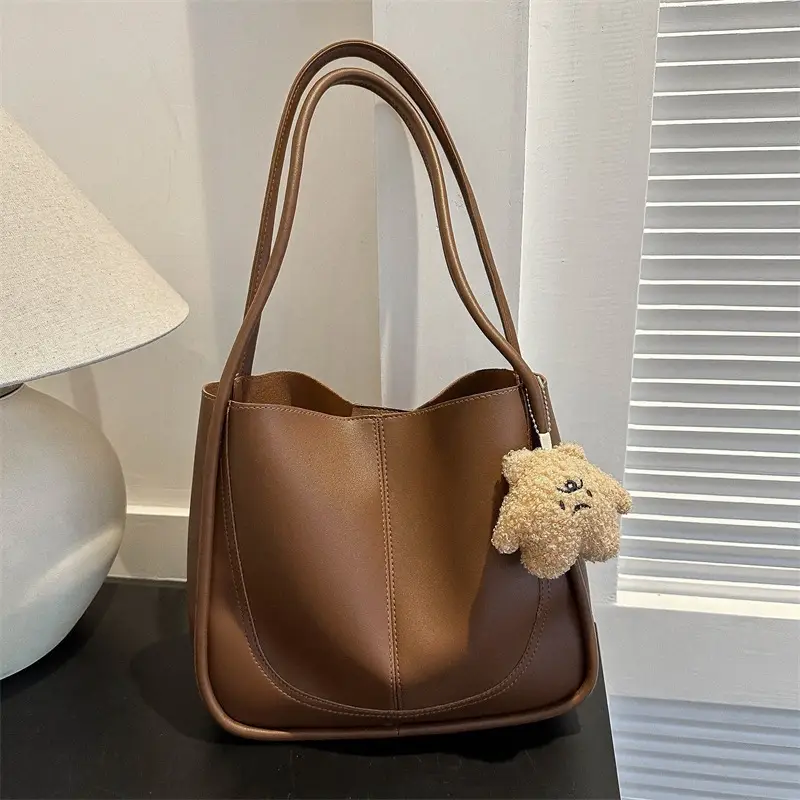 Black Leather Shoulder Tote Bag with Teddy Bear Charm