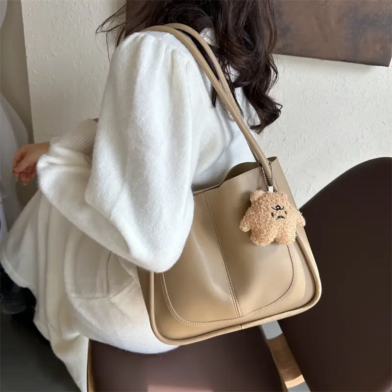 Black Leather Shoulder Tote Bag with Teddy Bear Charm