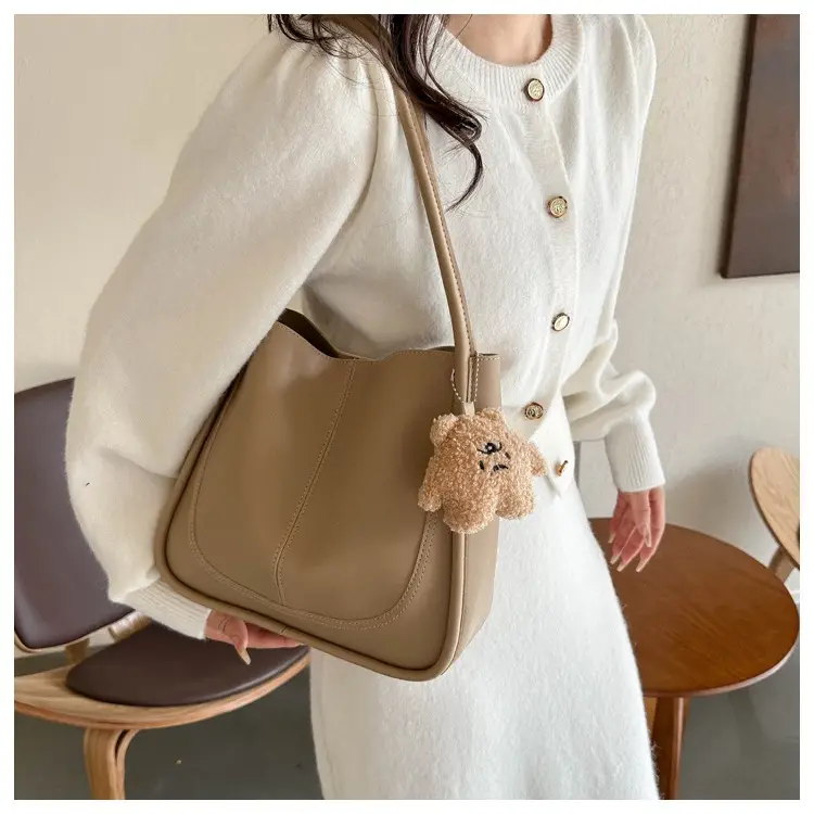 Black Leather Shoulder Tote Bag with Teddy Bear Charm — feature 14