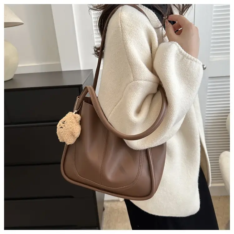 Black Leather Shoulder Tote Bag with Teddy Bear Charm — feature 16