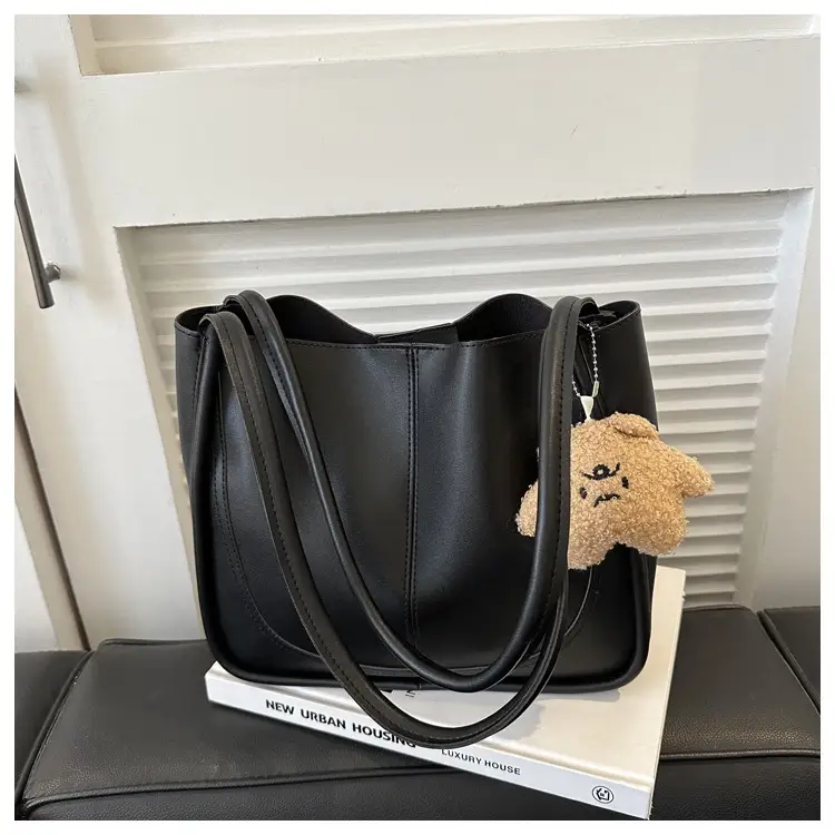 Black Leather Shoulder Tote Bag with Teddy Bear Charm — feature 22