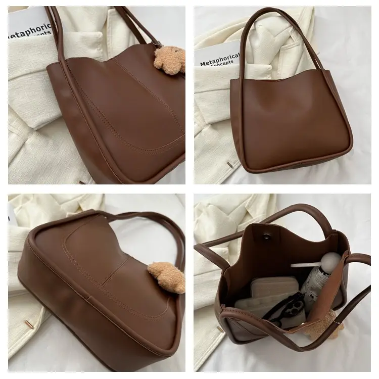 Black Leather Shoulder Tote Bag with Teddy Bear Charm — feature 8