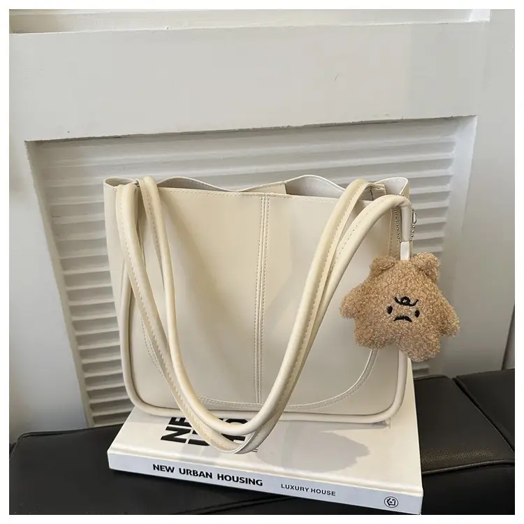 Black Leather Shoulder Tote Bag with Teddy Bear Charm