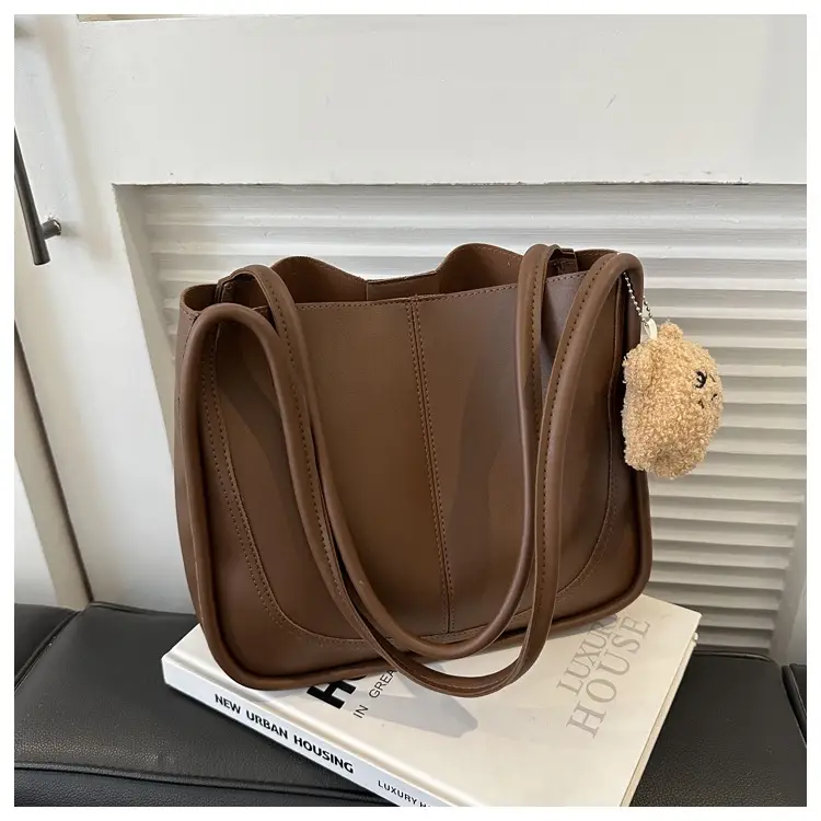 Black Leather Shoulder Tote Bag with Teddy Bear Charm