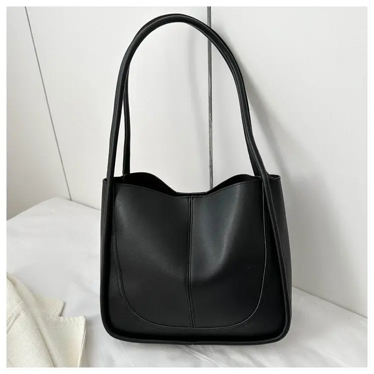 Black Leather Shoulder Tote Bag with Teddy Bear Charm