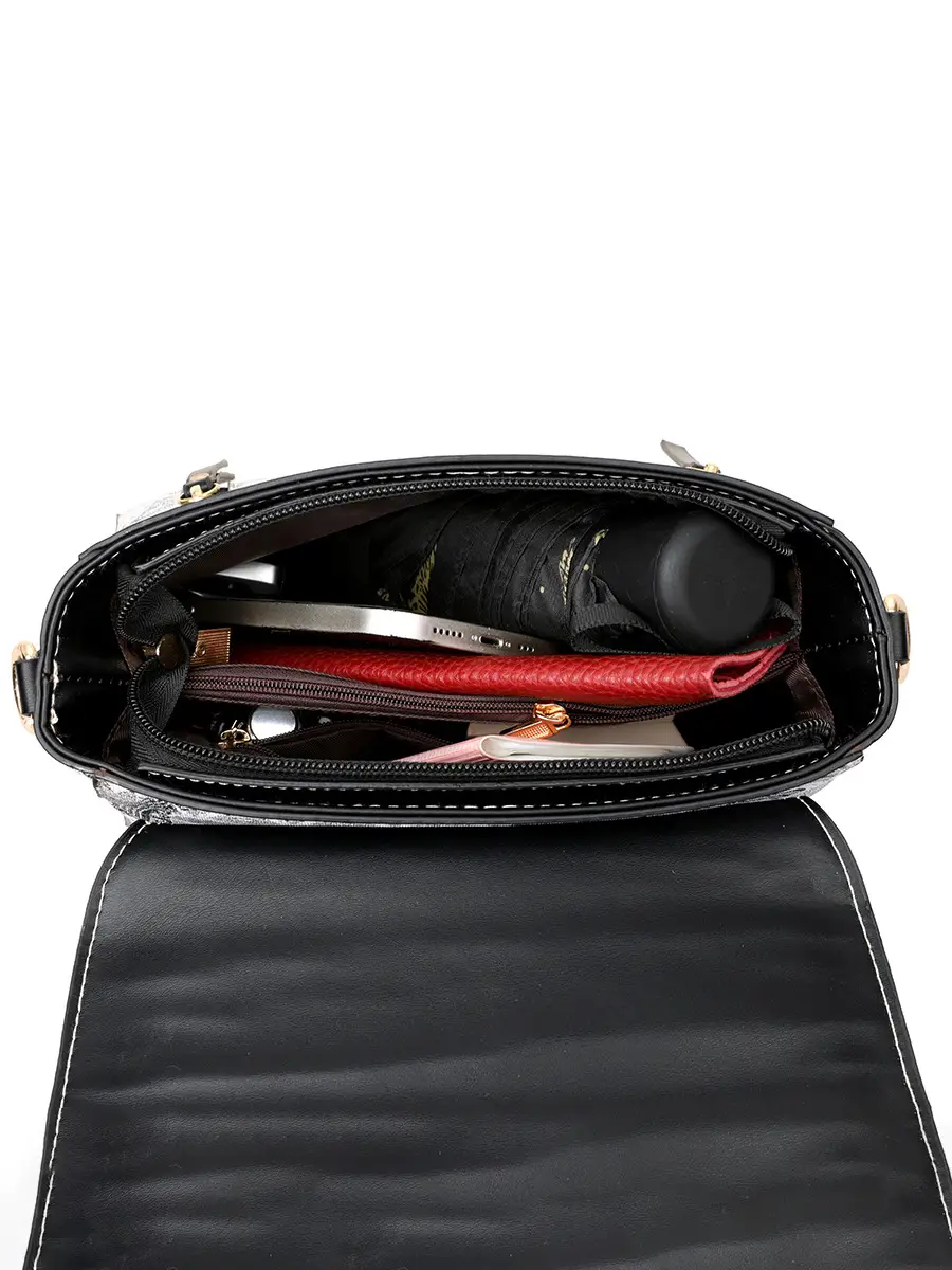 Women's Black Leather Crossbody Bag with Red Accessories