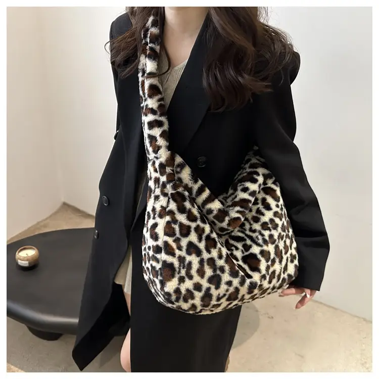 Leopard Print Fur Shoulder Bag 2024 Winter Autumn - Image 6