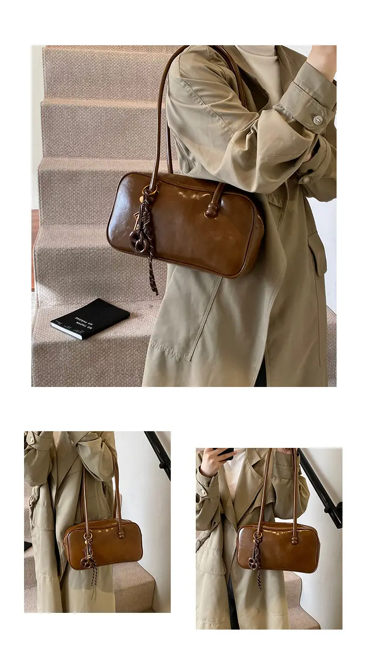 Women's Retro Boston Bag Oil Wax Leather Shoulder Commuter — feature 5