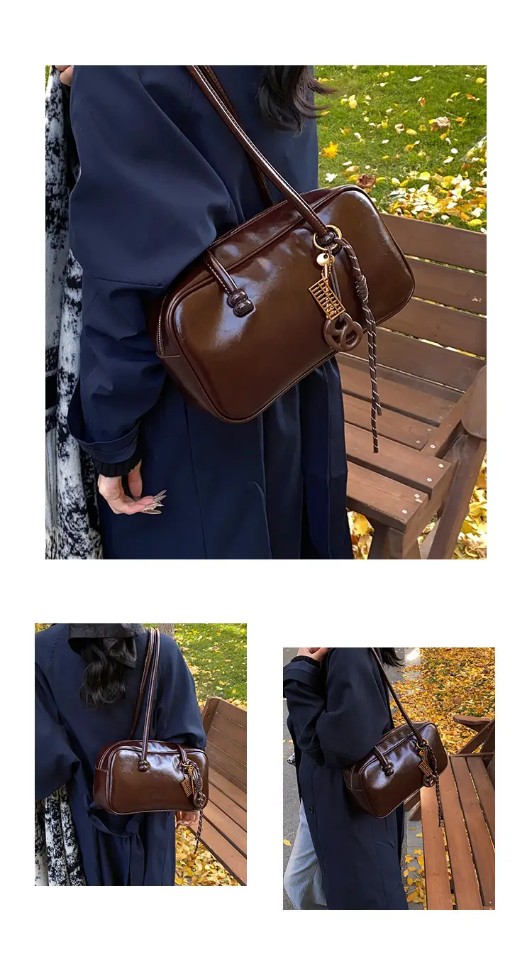 Women's Retro Boston Bag Oil Wax Leather Shoulder Commuter — feature 8