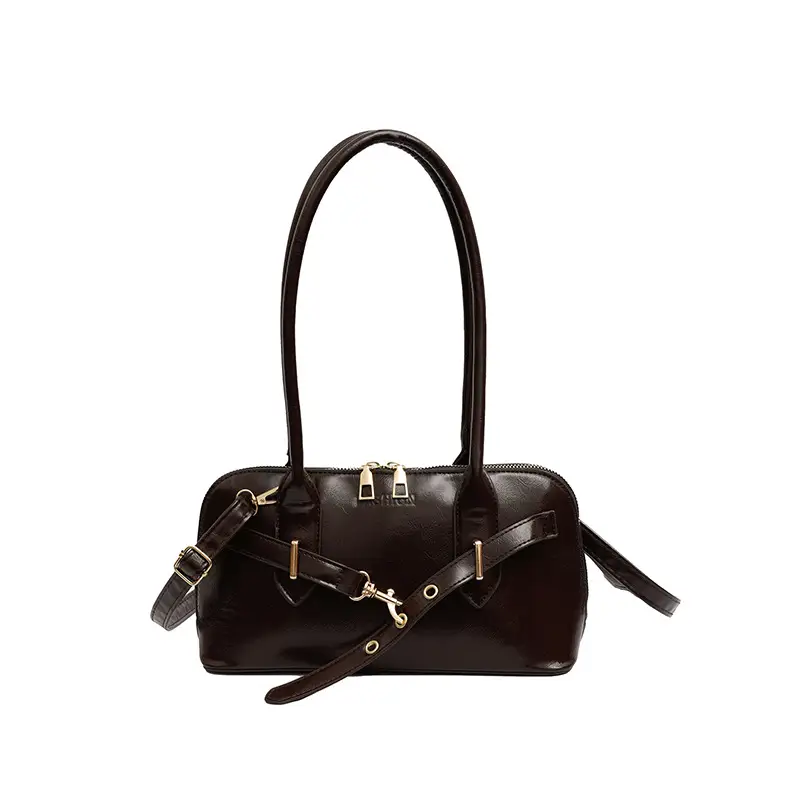 Women's Brown Leather Shoulder Bag with Gold Hardware - Image 7