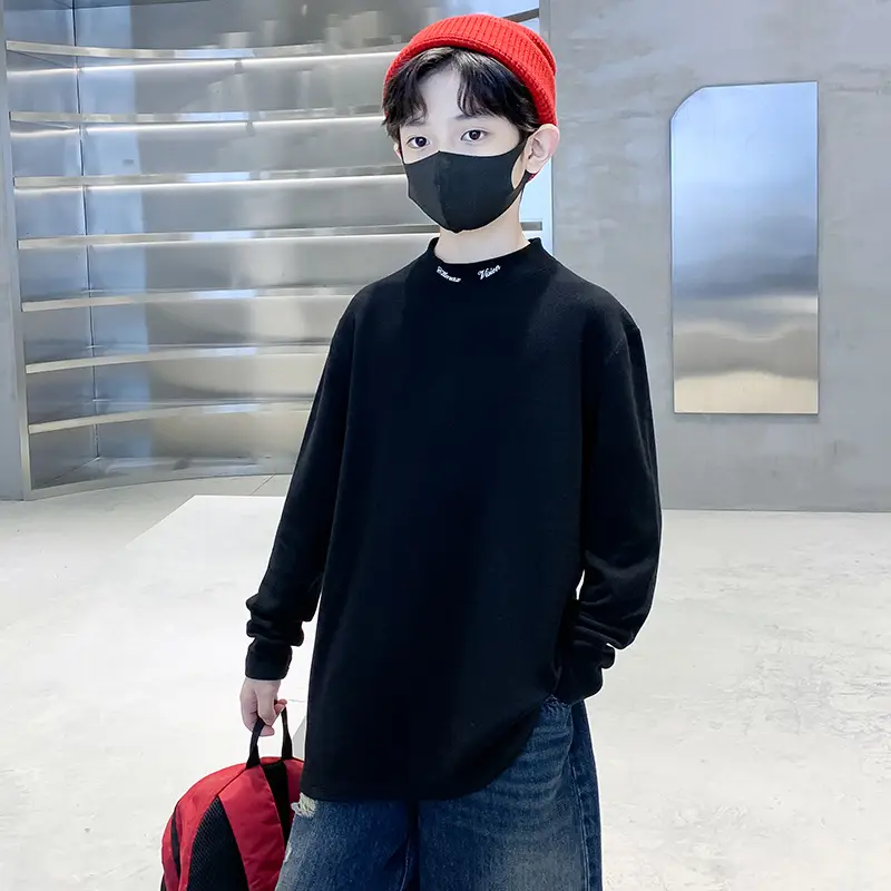 Children's Black Velvet T-Shirt Half High Collar Warm Winter Top