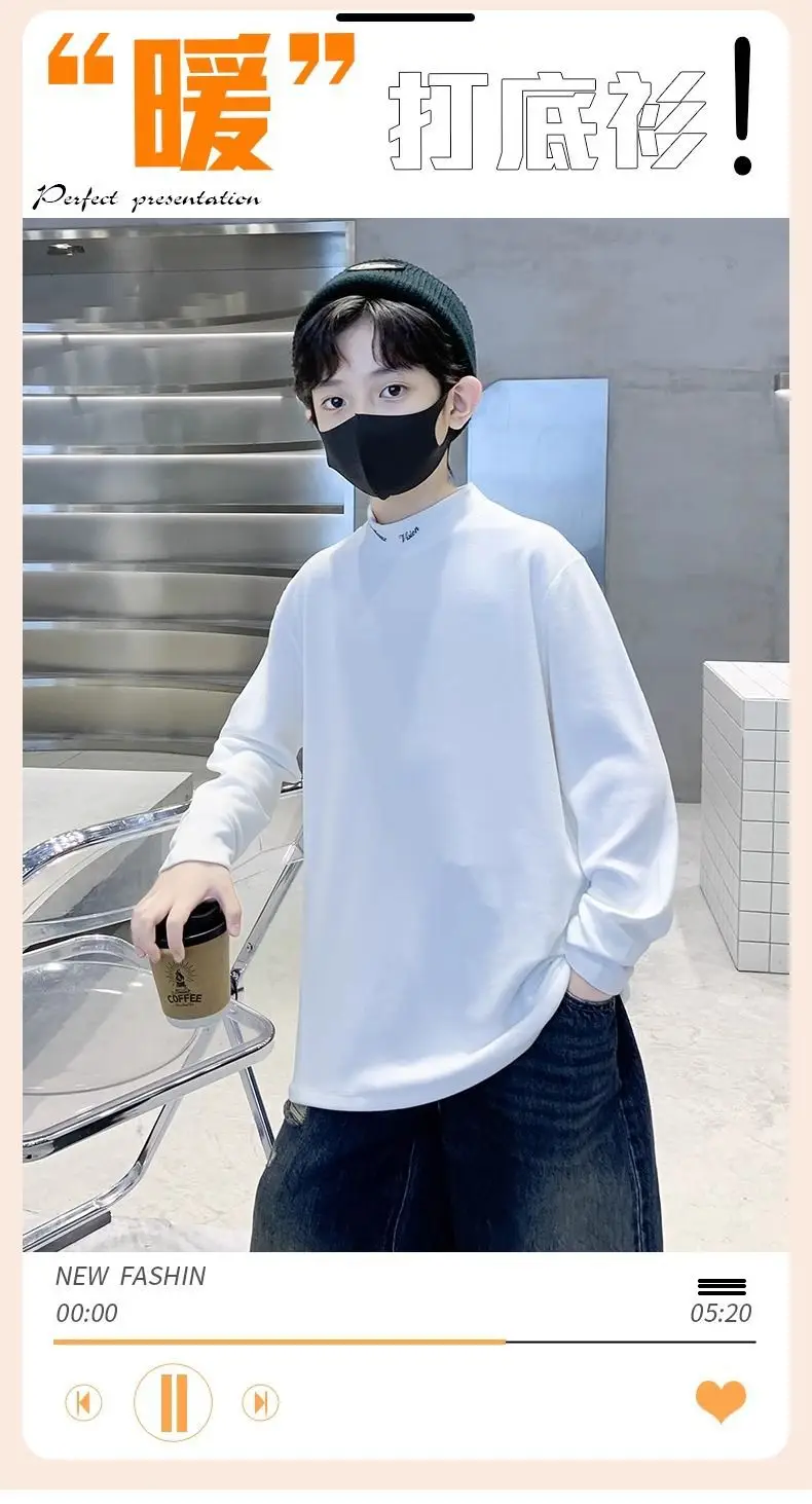 Children's Black Velvet T-Shirt Half High Collar Warm Winter Top — feature 1