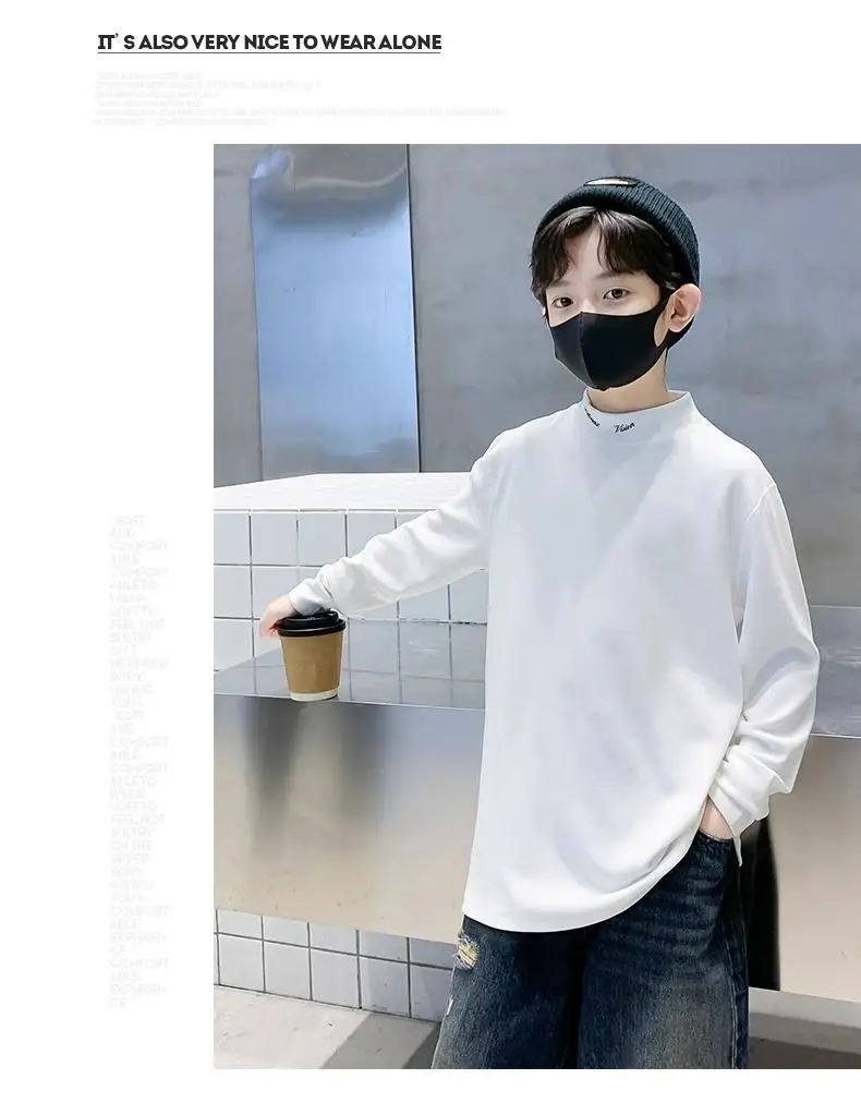 Children's Black Velvet T-Shirt Half High Collar Warm Winter Top — feature 10