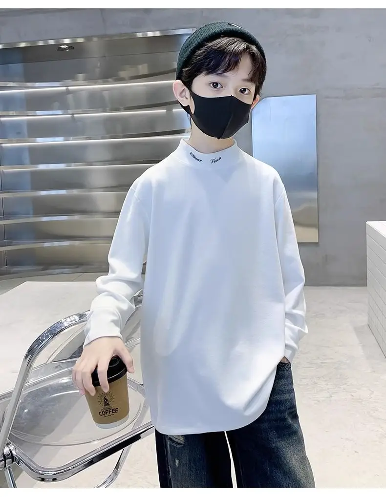 Children's Black Velvet T-Shirt Half High Collar Warm Winter Top — feature 11