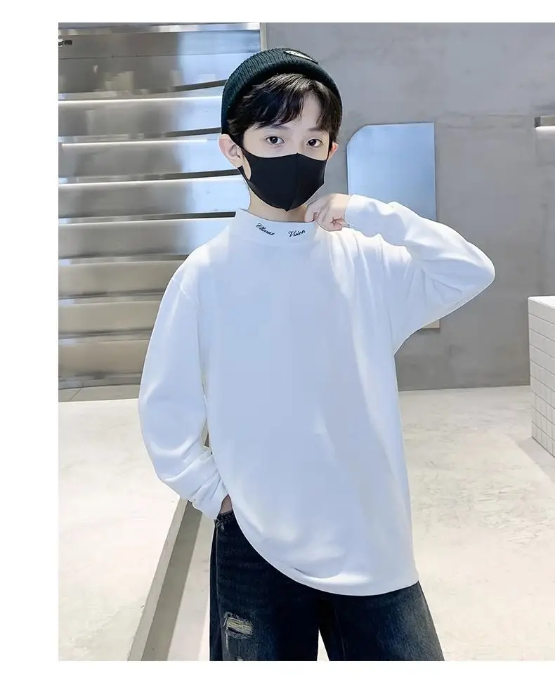 Children's Black Velvet T-Shirt Half High Collar Warm Winter Top — feature 13