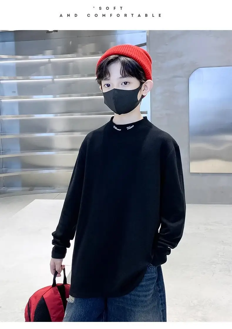 Children's Black Velvet T-Shirt Half High Collar Warm Winter Top — feature 14