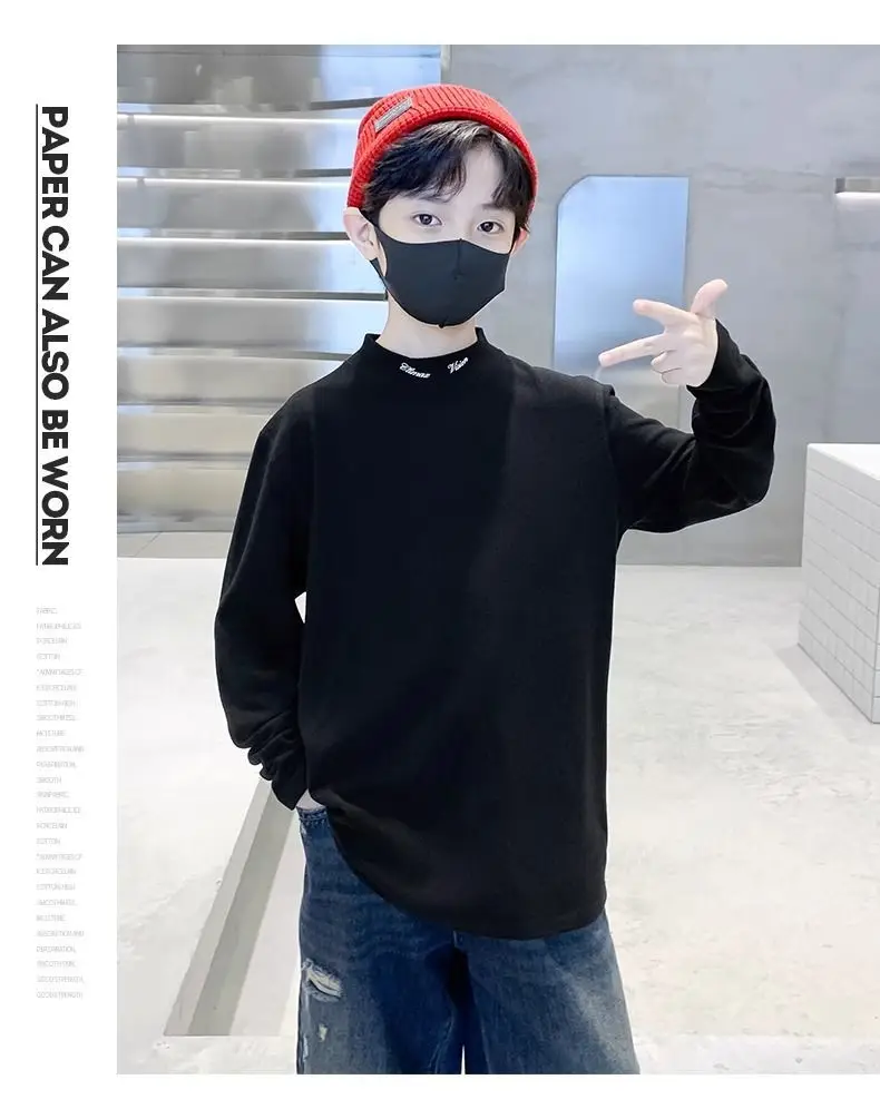 Children's Black Velvet T-Shirt Half High Collar Warm Winter Top — feature 15