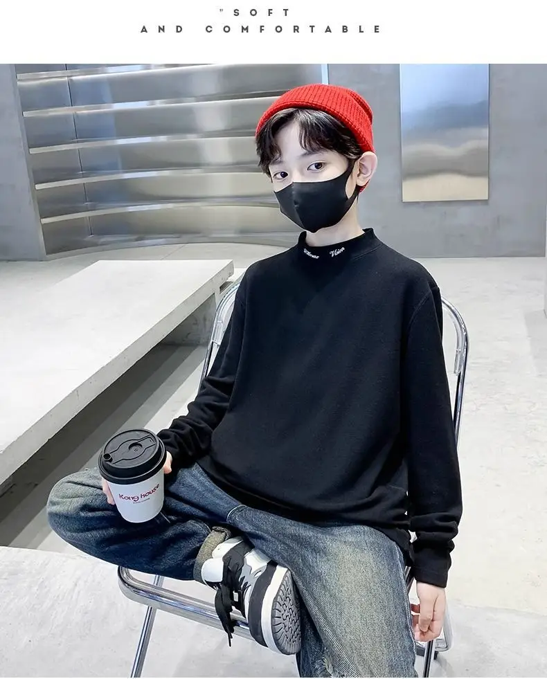 Children's Black Velvet T-Shirt Half High Collar Warm Winter Top — feature 18