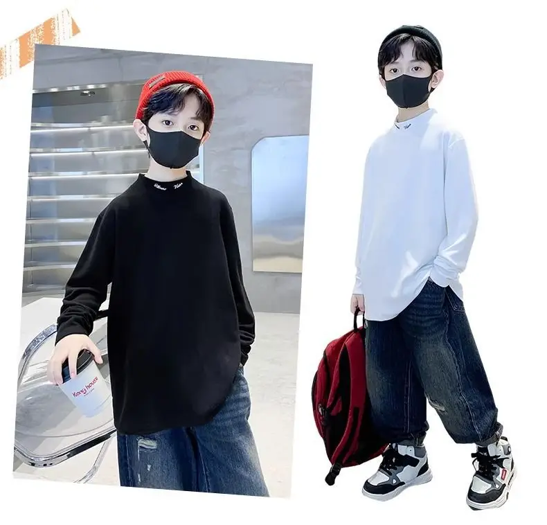 Children's Black Velvet T-Shirt Half High Collar Warm Winter Top — feature 3