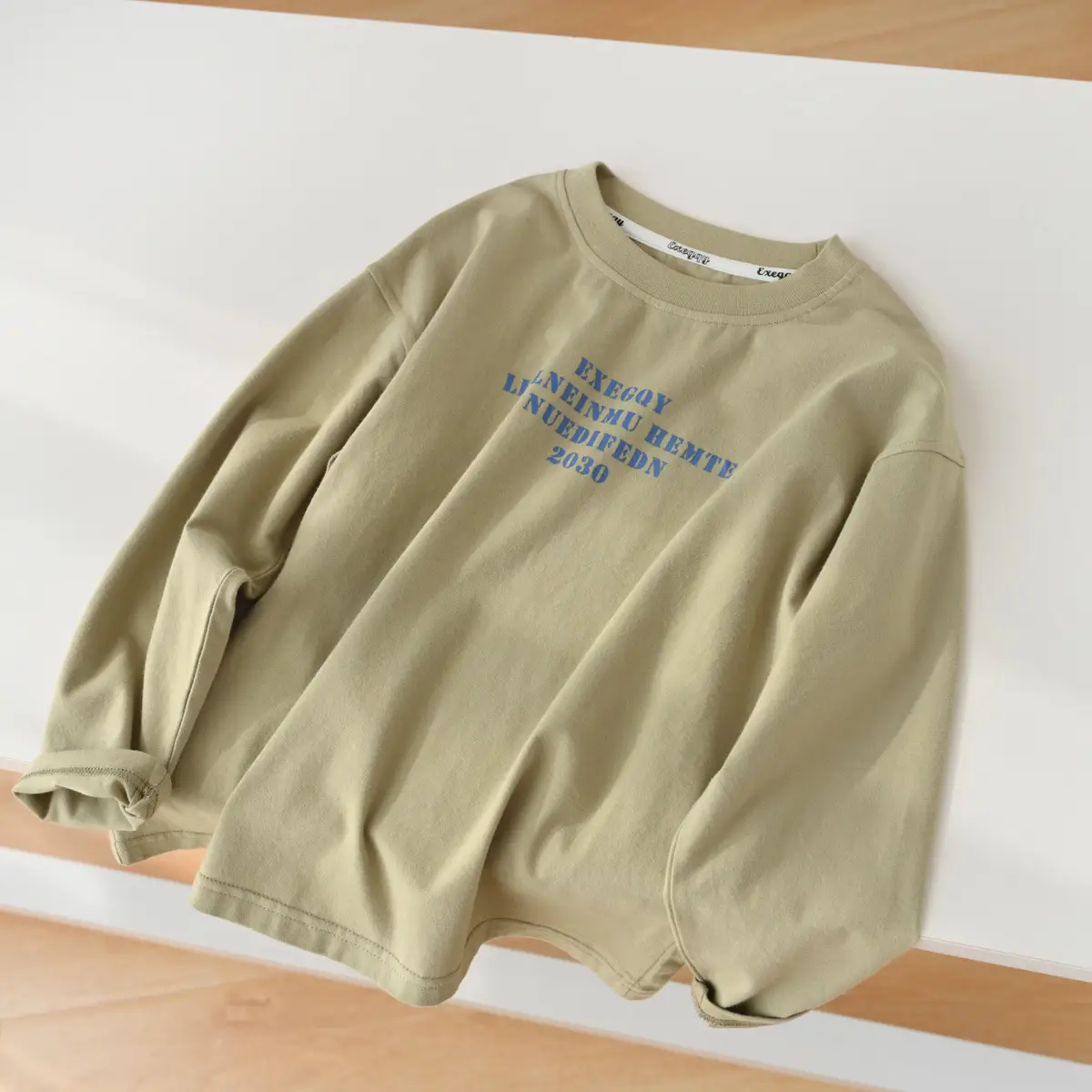 Kids Long Sleeve Cotton T-Shirt Olive Green Medium to XL - Image 2