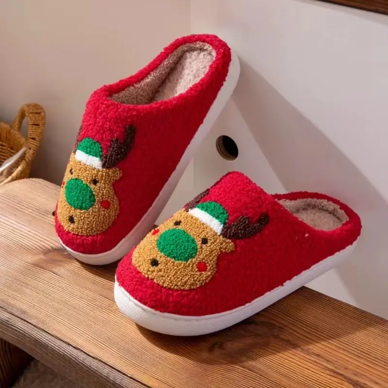 New cross-border Christmas tree foreign trade cotton slippers lovers autumn and winter home indoor soft bottom warm fleece-lined parent-child slippers