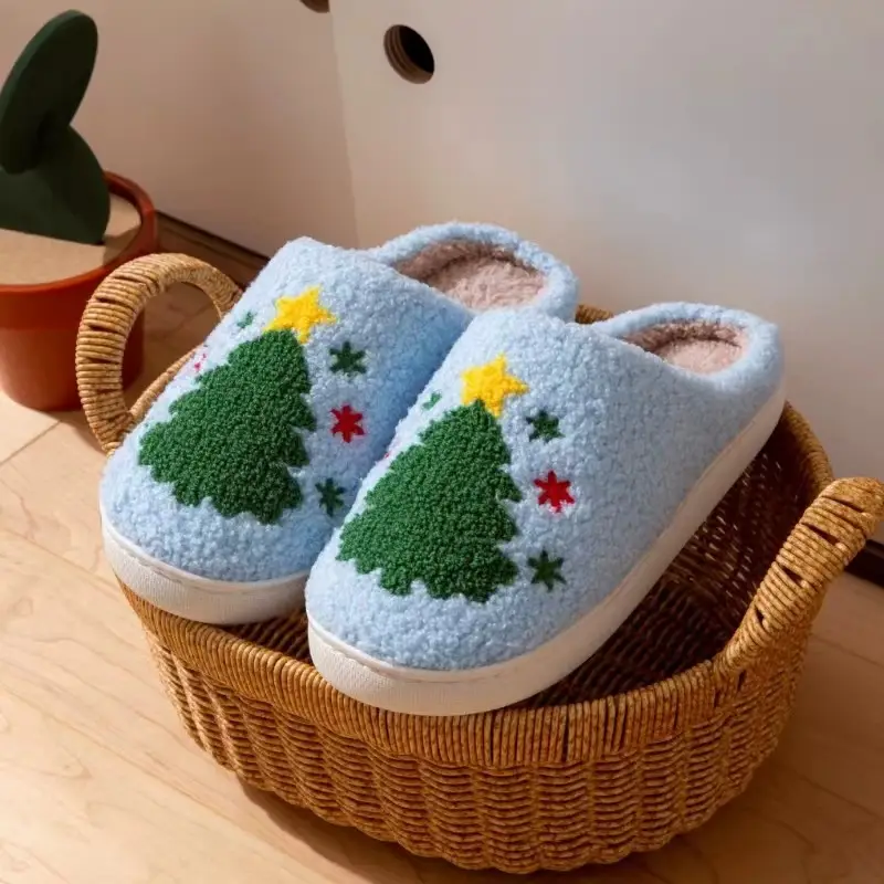 New cross-border Christmas tree foreign trade cotton slippers lovers autumn and winter home indoor soft bottom warm fleece-lined parent-child slippers
