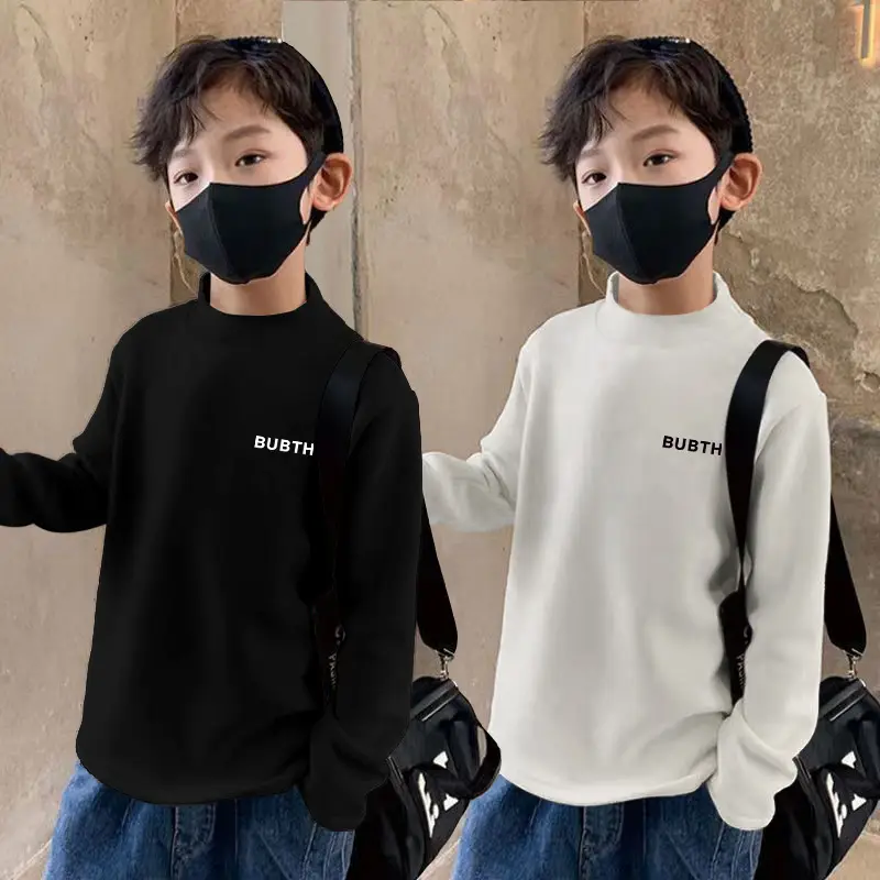 Children's Fleece Lined Brown T-Shirt Semi High Collar - Image 19