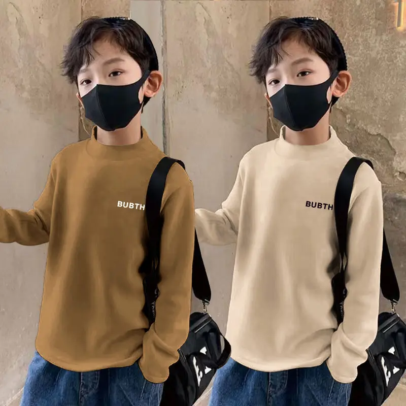 Children's Fleece Lined Brown T-Shirt Semi High Collar - Image 20