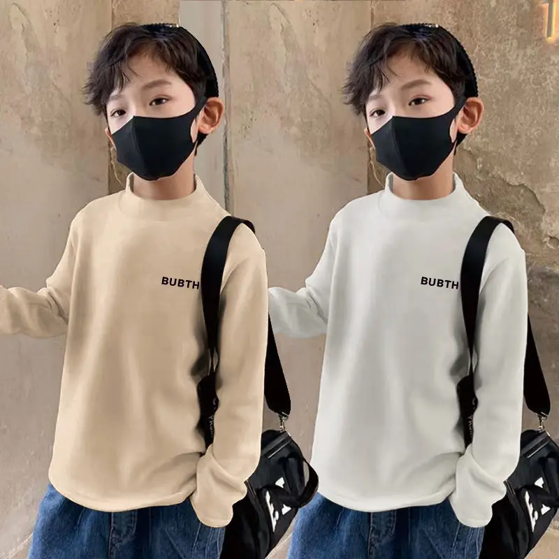 Children's Fleece Lined Brown T-Shirt Semi High Collar - Image 22