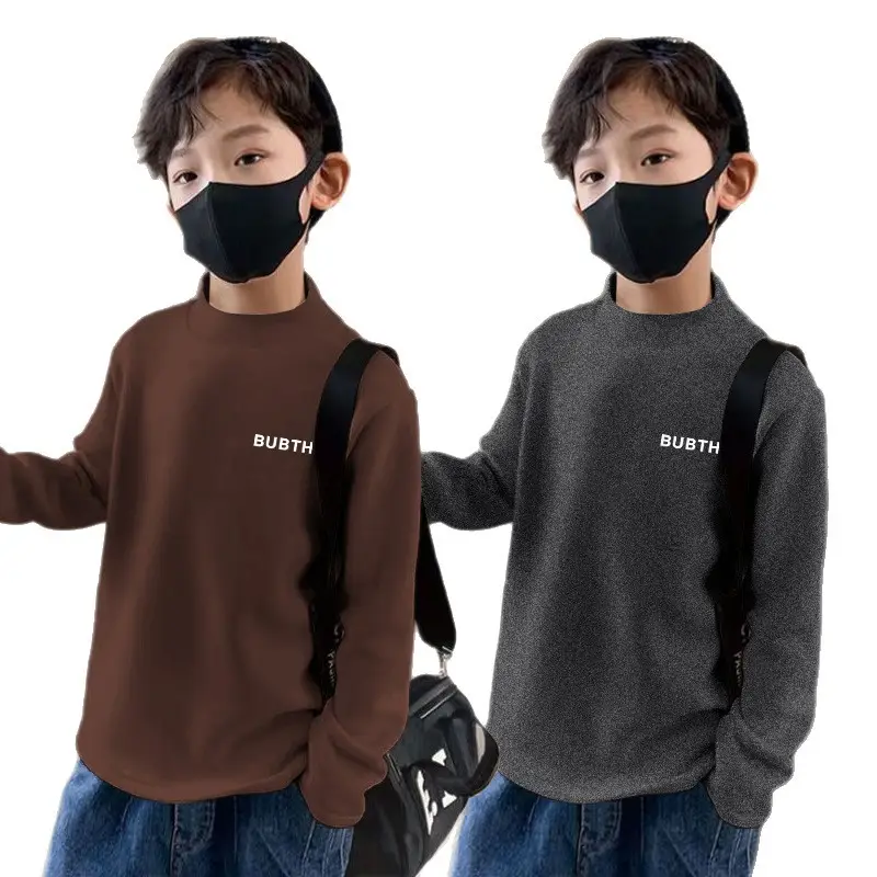 Children's Fleece Lined Brown T-Shirt Semi High Collar - Image 23