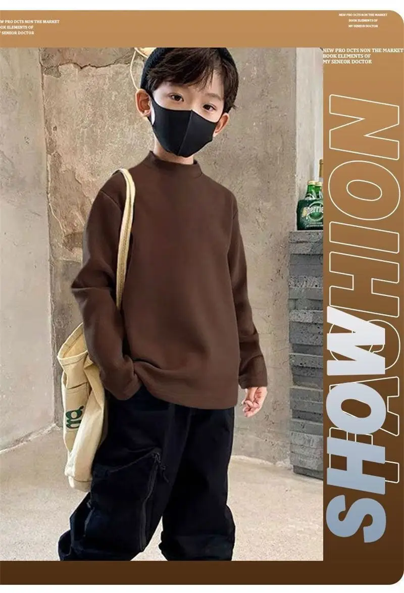 Children's Fleece Lined Brown T-Shirt Semi High Collar — feature 1