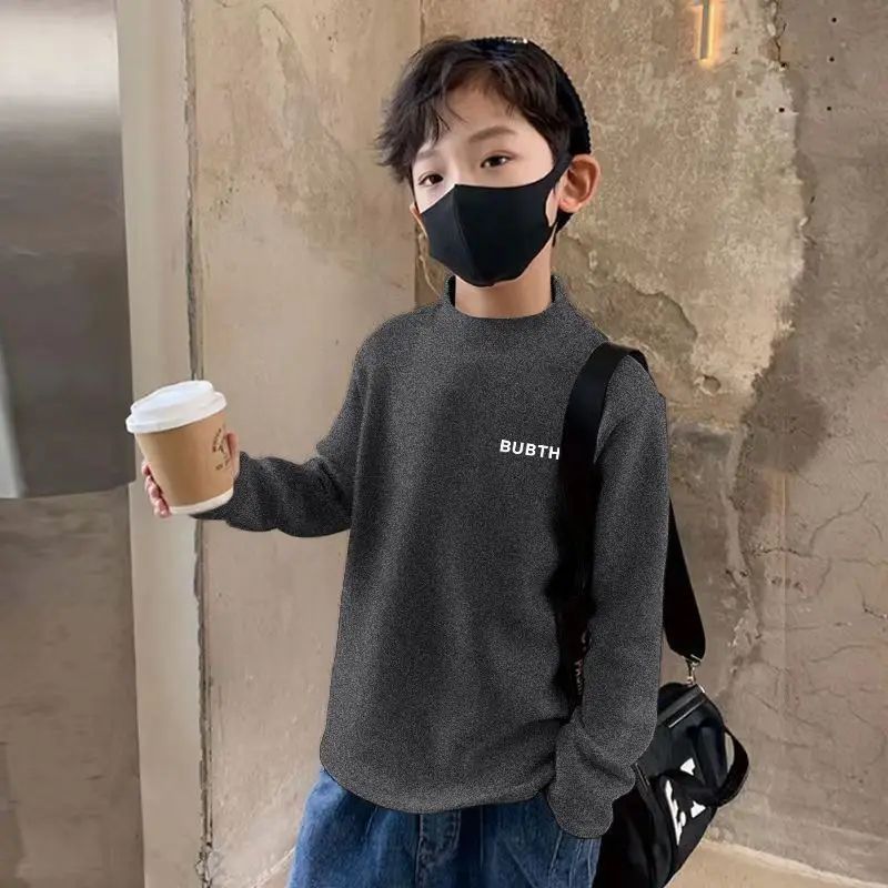 Children's Fleece Lined Brown T-Shirt Semi High Collar — feature 12