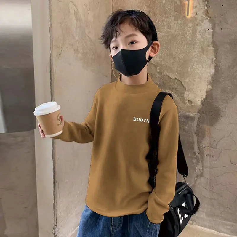 Children's Fleece Lined Brown T-Shirt Semi High Collar — feature 13