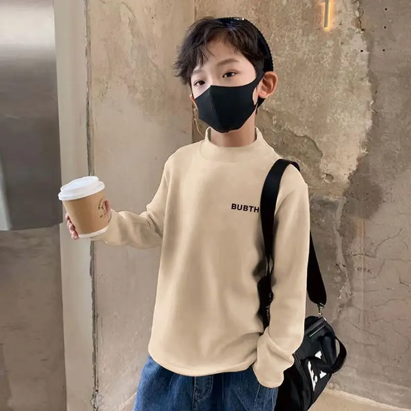 Children's Fleece Lined Brown T-Shirt Semi High Collar — feature 16