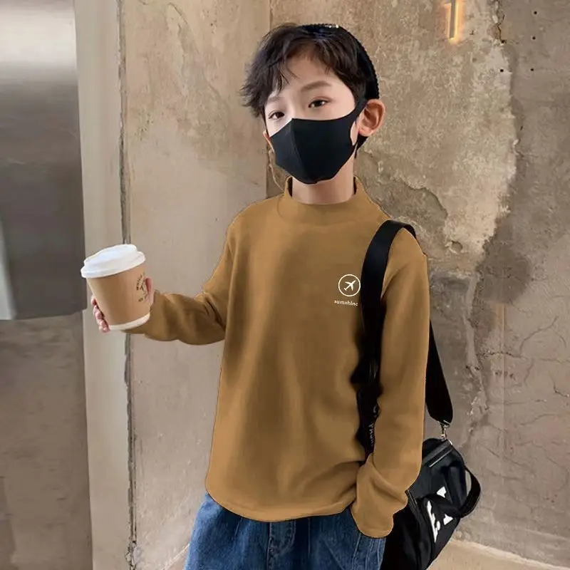 Children's Fleece Lined Brown T-Shirt Semi High Collar - Image 14