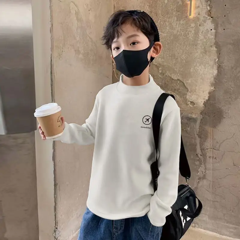 Children's Fleece Lined Brown T-Shirt Semi High Collar - Image 17