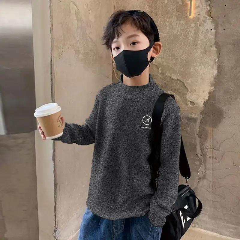 Children's Fleece Lined Brown T-Shirt Semi High Collar - Image 18