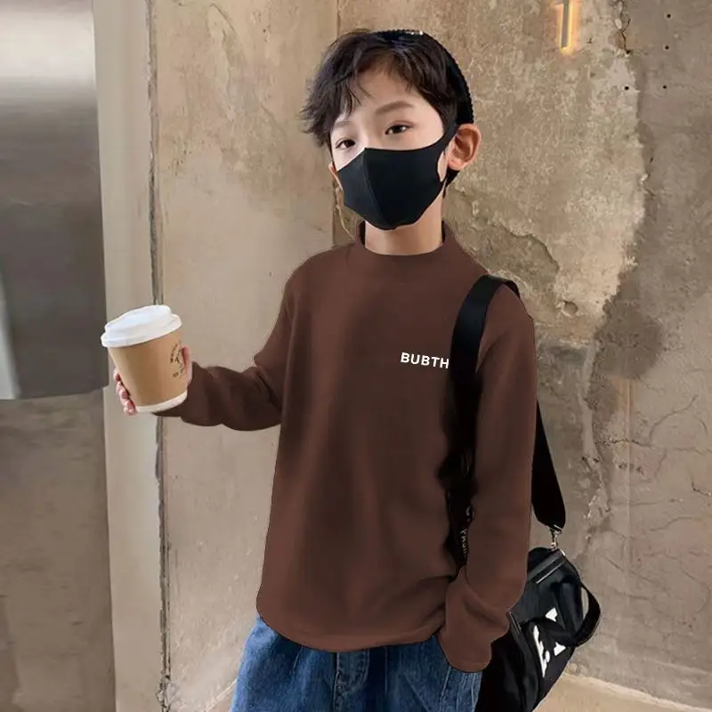 Children's Fleece Lined Brown T-Shirt Semi High Collar - Image 4