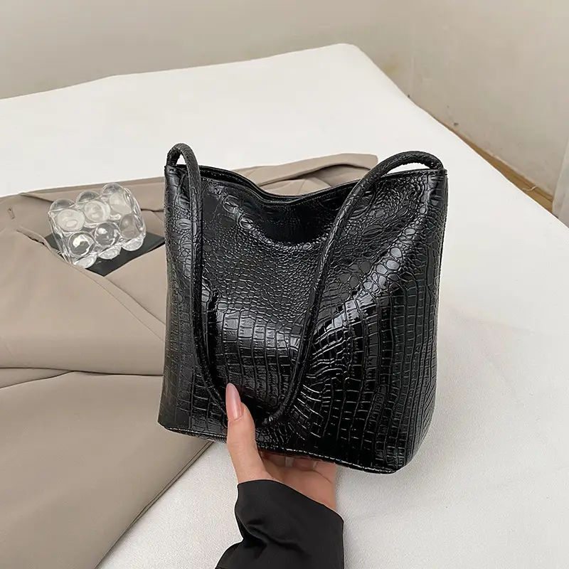 Black Croc Texture Shoulder Bag for Women 2024 - Image 5