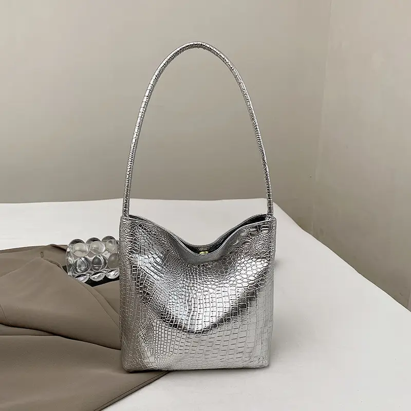 Black Croc Texture Shoulder Bag for Women 2024 - Image 6