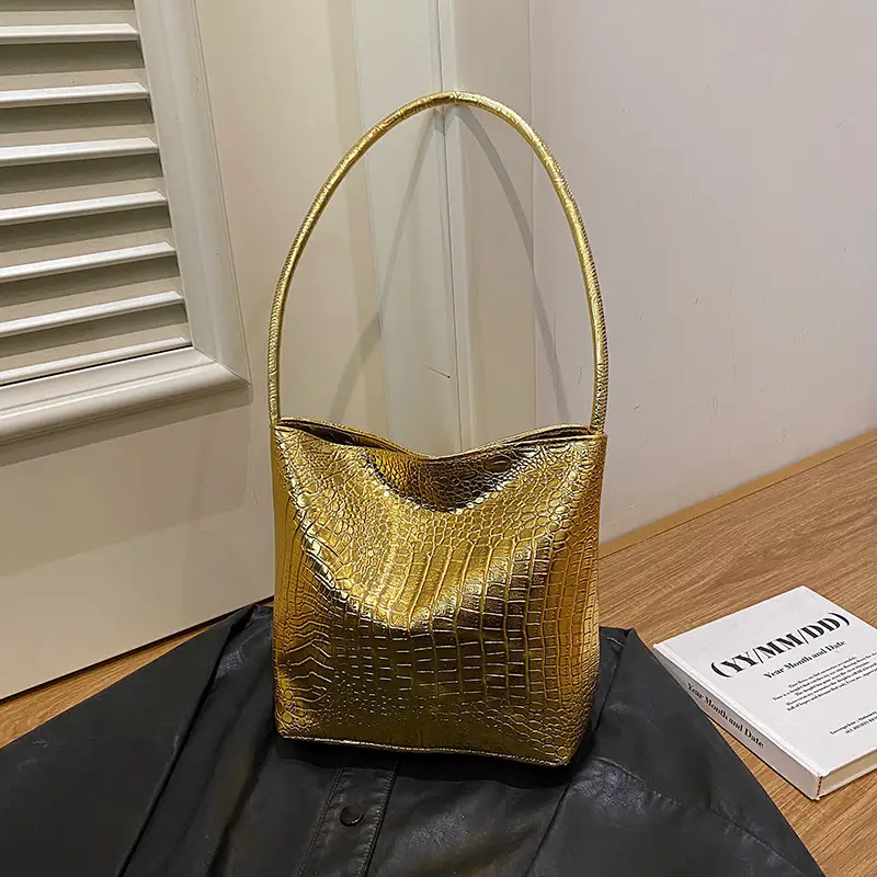 Black Croc Texture Shoulder Bag for Women 2024 - Image 2