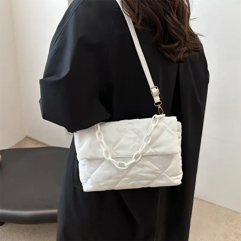 Women's Purple Quilted Crossbody Bag with Pink Chain